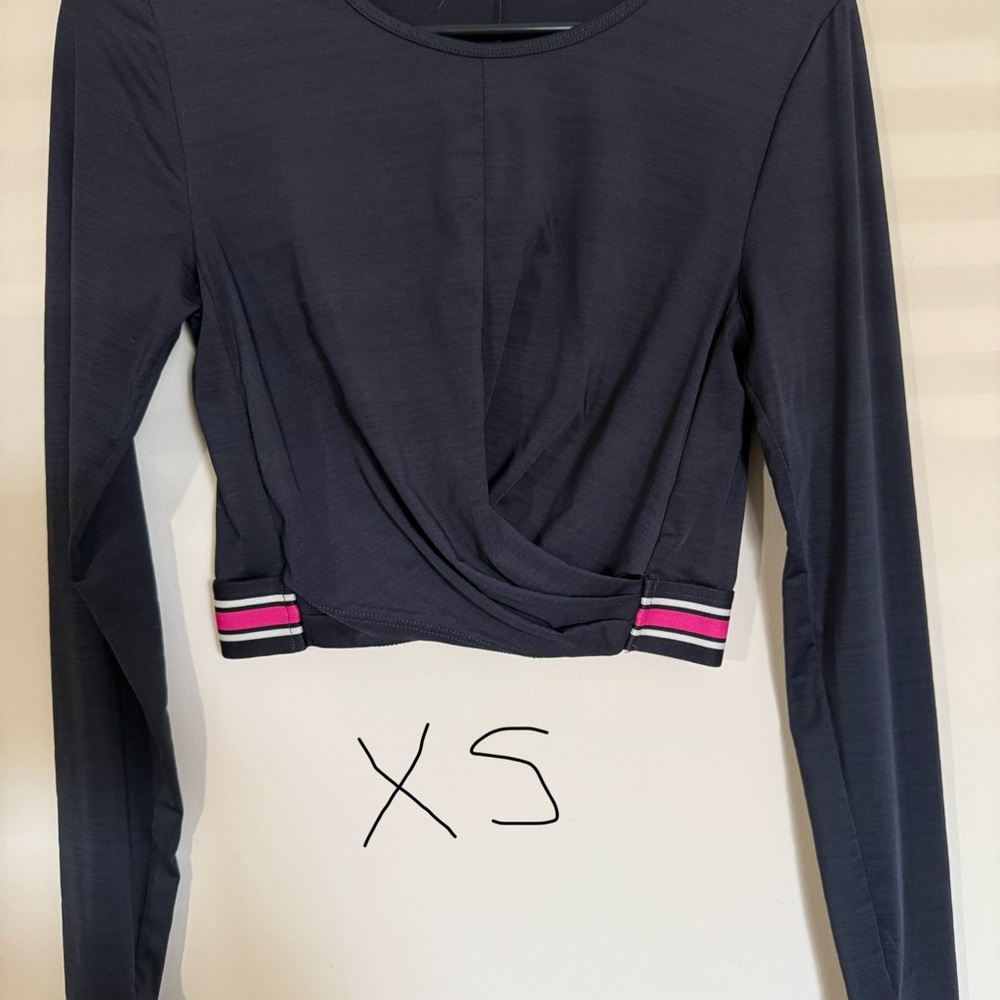 Fabletics Pink and Black Crop Tie Front Blouse
